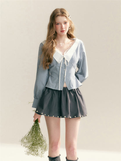 16DEWS 16D26020 Lace edged V-neck plaid patchwork waist cinching shirt