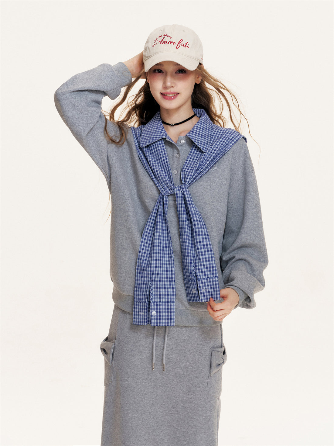16DEWS 16D25399&amp;16D25340 Grid patchwork polo lapel long sleeved sweatshirt + pants set