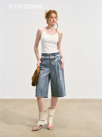 SOMESOWE S2508109 Lace printed wide leg denim shorts