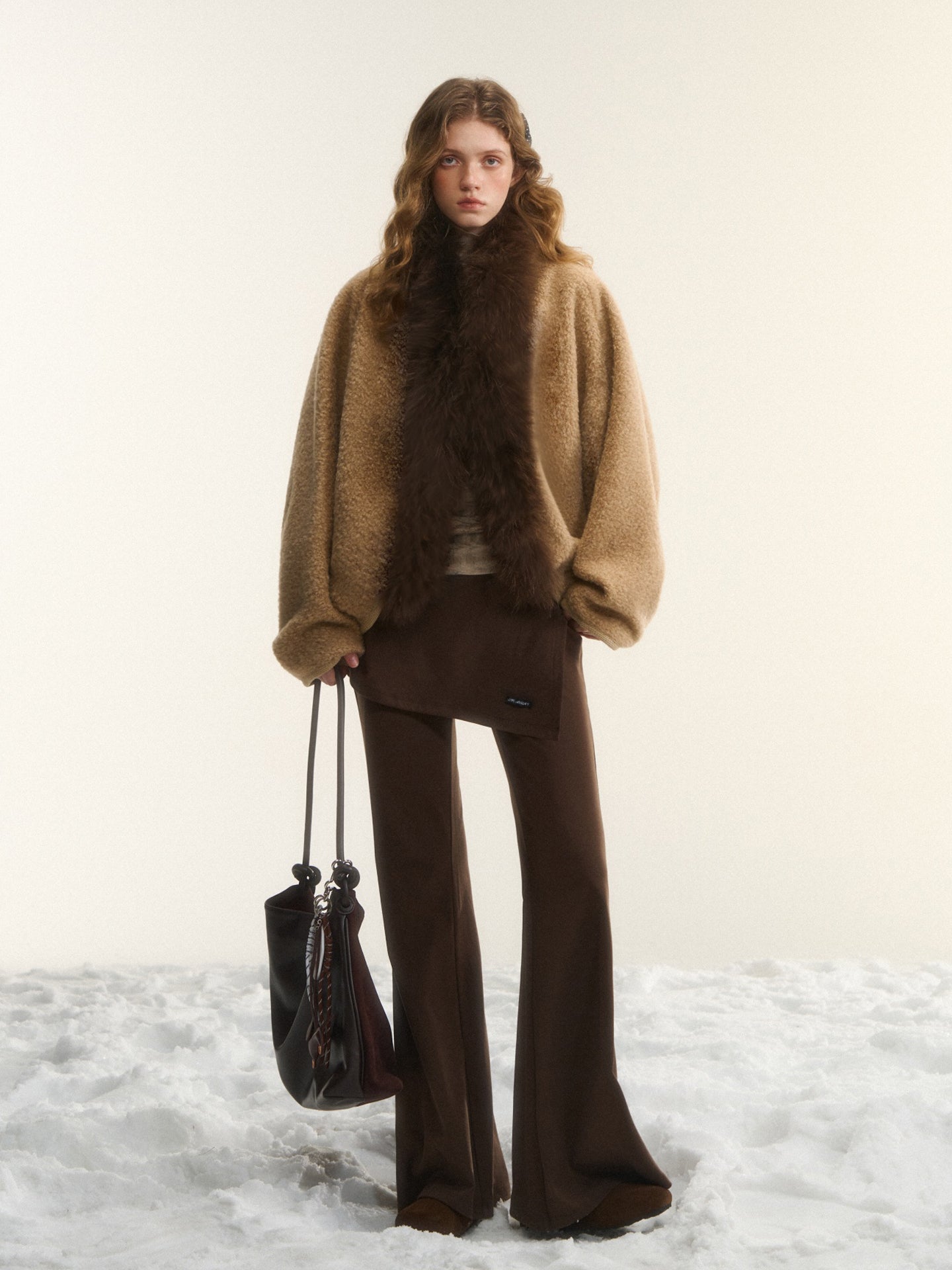 AsGony ASG25539 Wool collar cocoon shaped cardigan shawl jacket