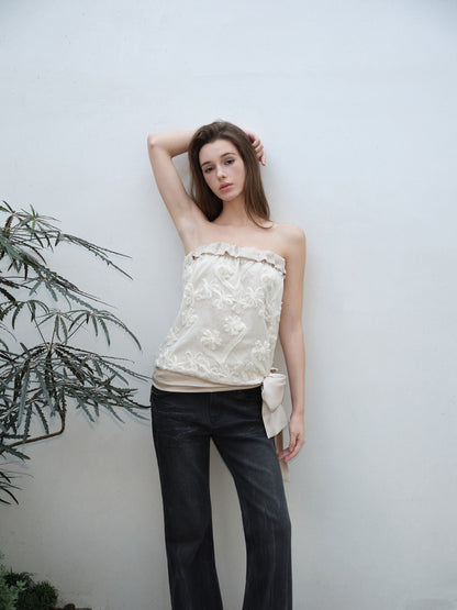 NONCESTNON N293 Satin patchwork lace strapless top