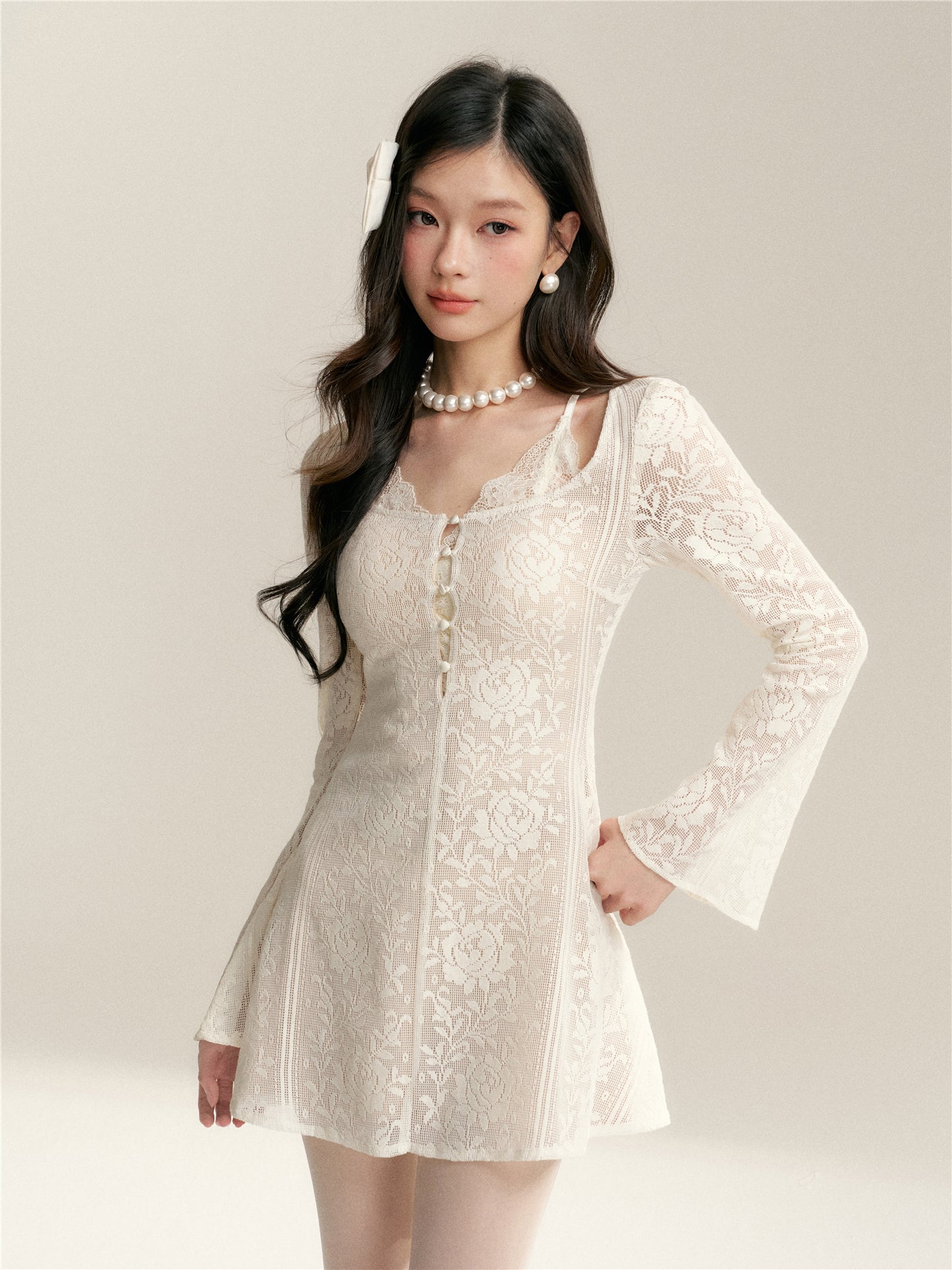 16DEWS 16D26053 Hollow jacquard lace slim fit A-line dress