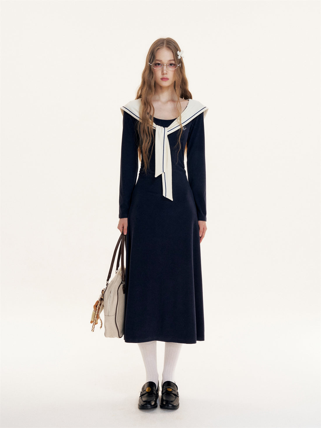 16DEWS 16D25422 Navy collared waist cinched dress