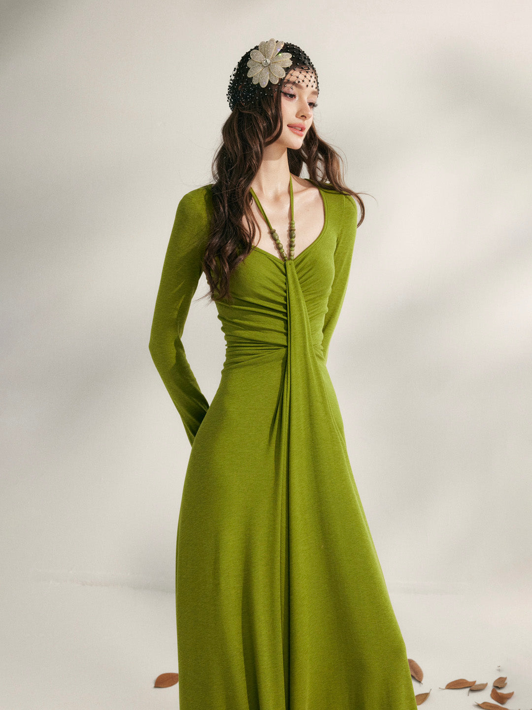 YZZI HE French style pleated waist cinching dress