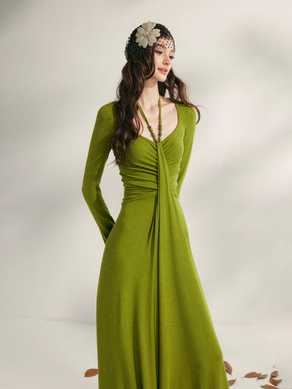 YZZI HE French style pleated waist cinching dress