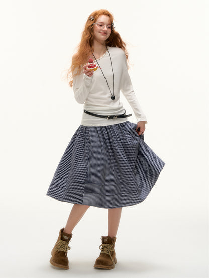 AsGony ASG25413 Plaid pleated midi skirt
