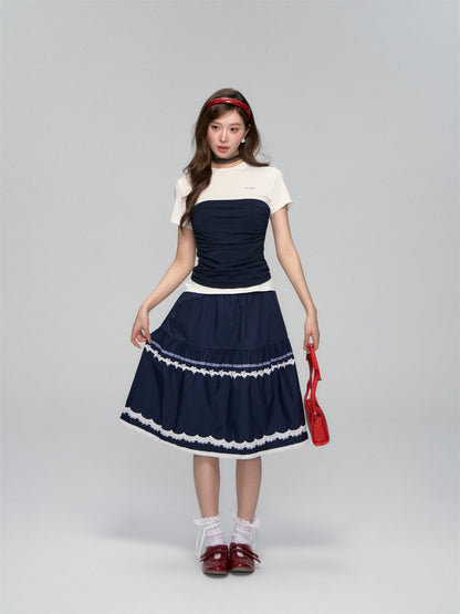 AsGony ASG25109 Elastic lace A-line skirt