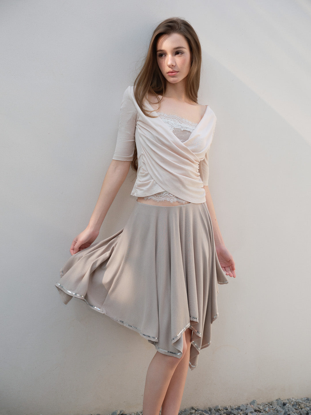 NONCESTNON N315&amp;N279 Pink cross lace mid sleeve + Irregular bead umbrella skirt