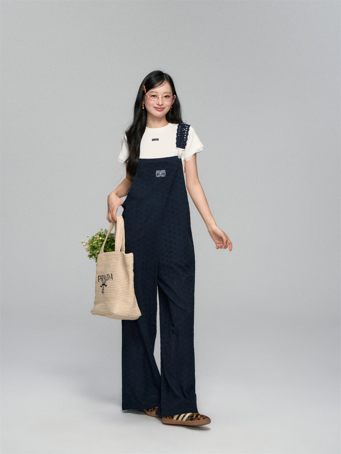 AsGony ASG25142 Flower hollow cotton loose overalls (2color)