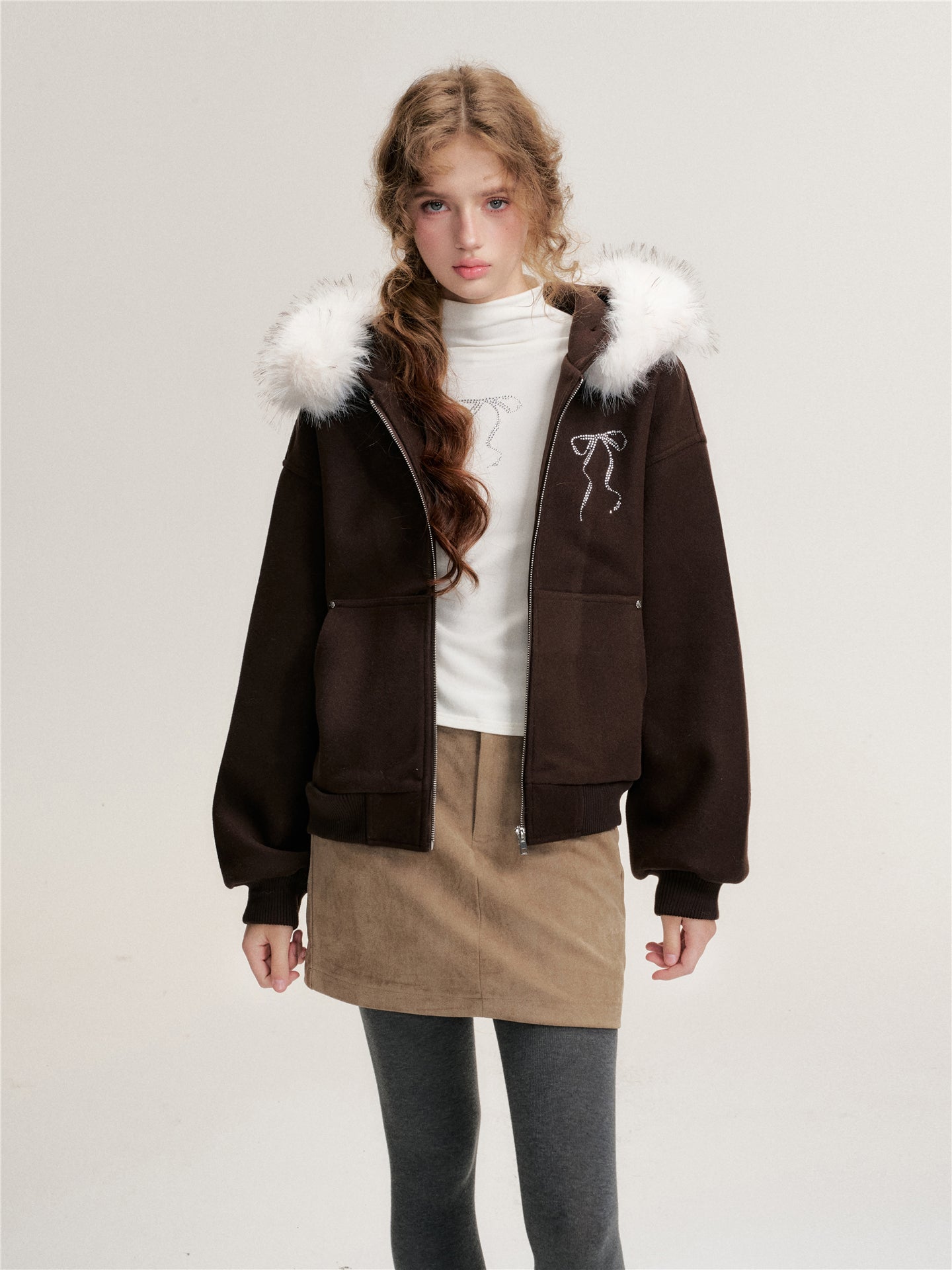 16DEWS 16D25487 Detachable faux fur collar woolen sweatshirt jacket