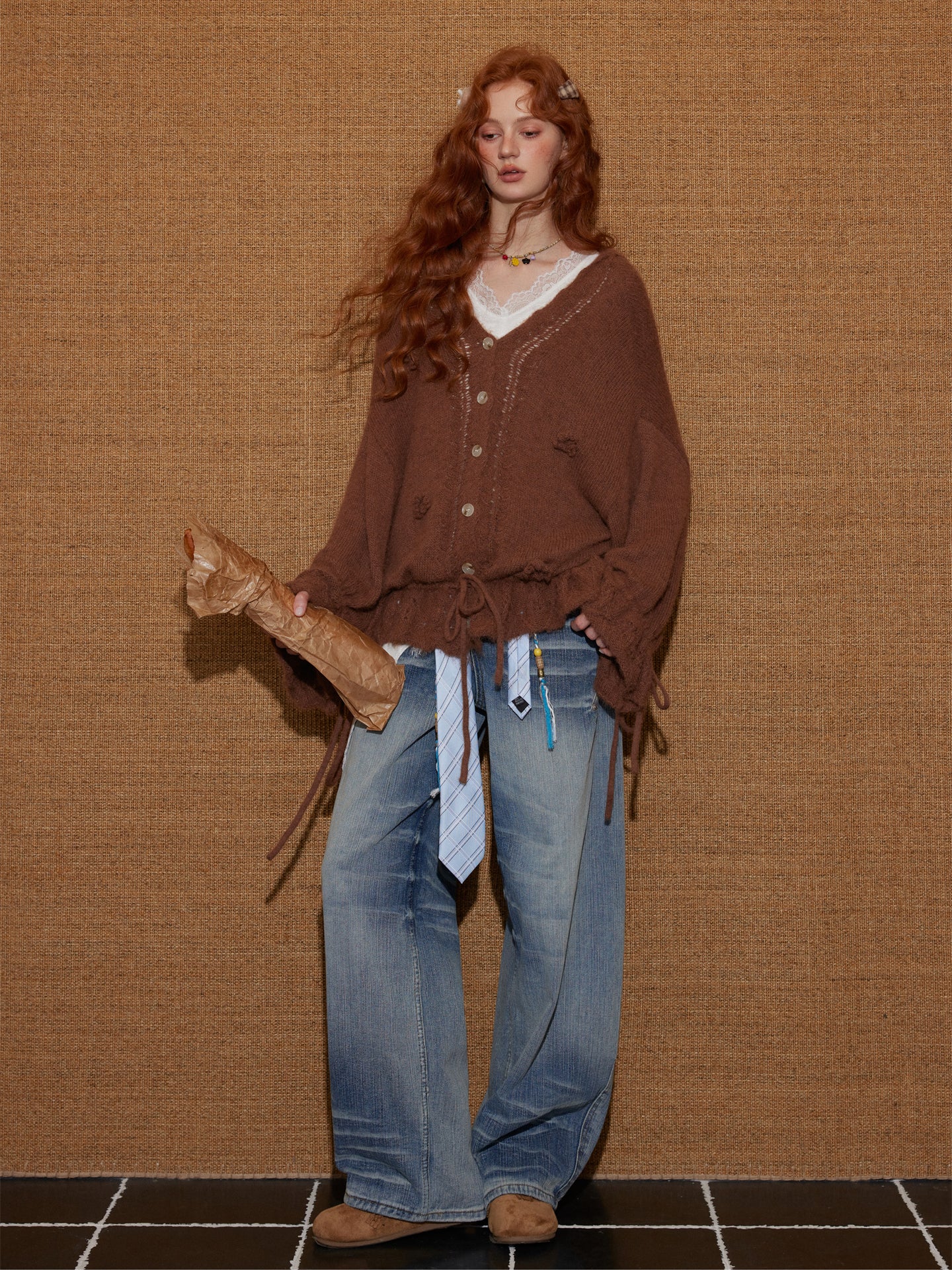 AsGony ASG25452 V-neck flower tie wool blend knitted cardigan