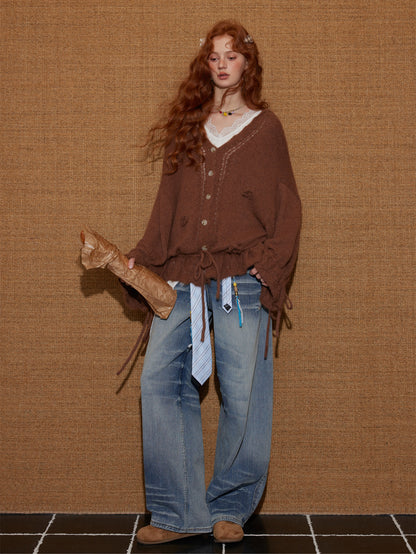 AsGony ASG25452 V-neck flower tie wool blend knitted cardigan