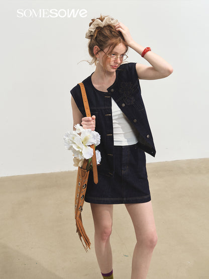 SOMESOWE S2508105&amp;S2508106 Stacked loose denim vest + shorts set