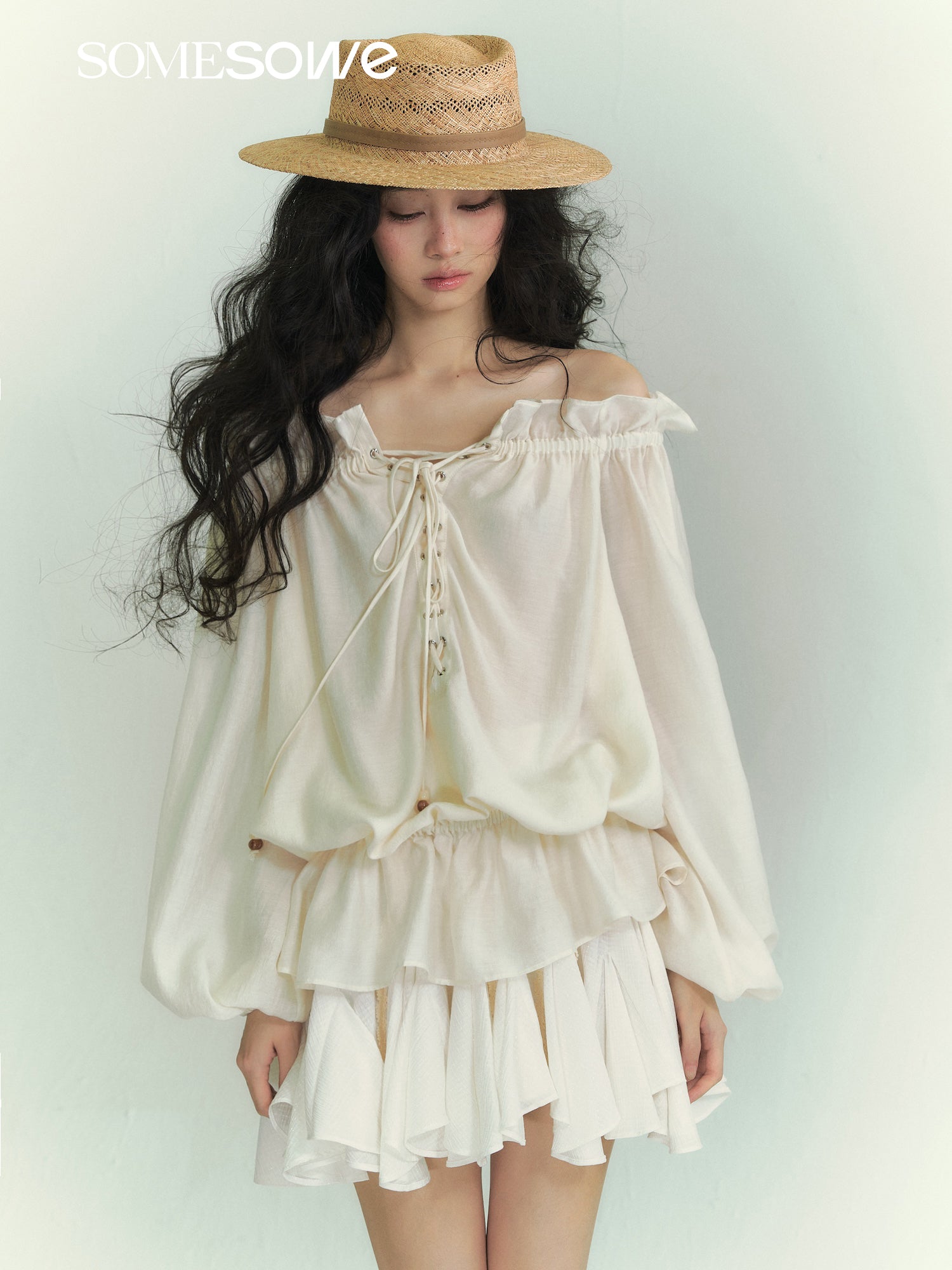 SOMESOWE S2609049 Off collar tied lantern sleeve shirt
