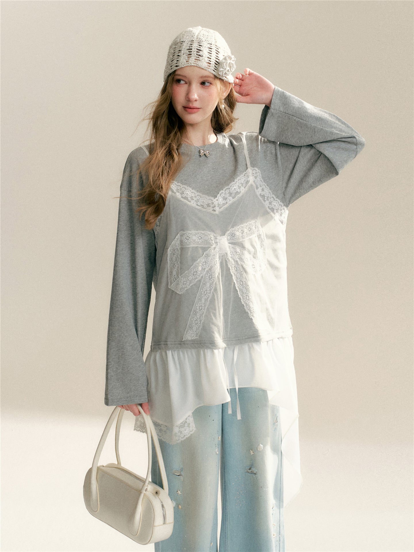 16DEWS 16D26062 Lace Splicing Fake Two Piece Irregular T-shirts