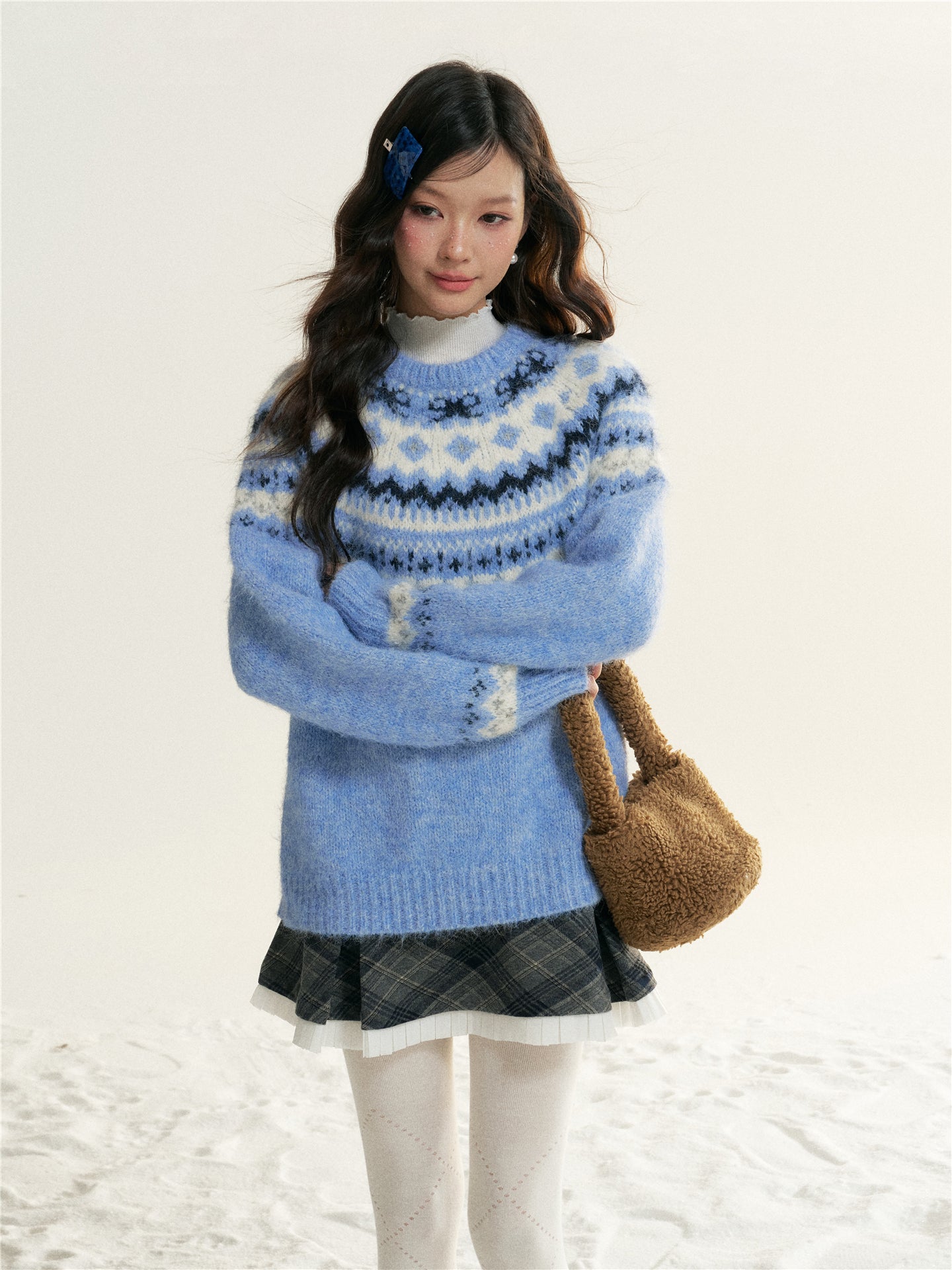 16DEWS 16D25511 Fair Isle Cable Knit Crewneck Sweater