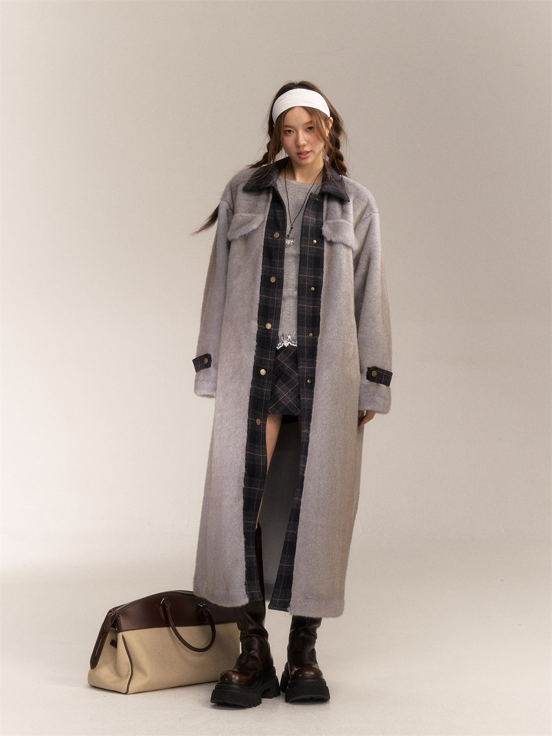 AsGony ASG24646 Plaid patchwork wool long coat