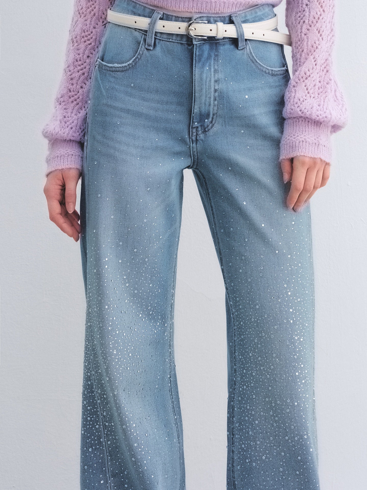 AsGony ASG26041 Washed rhinestone decorated micro flared jeans