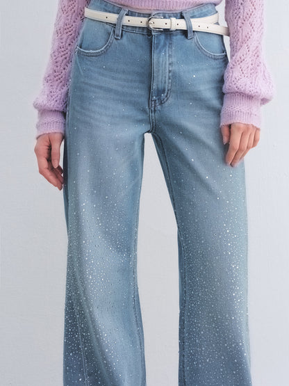AsGony ASG26041 Washed rhinestone decorated micro flared jeans