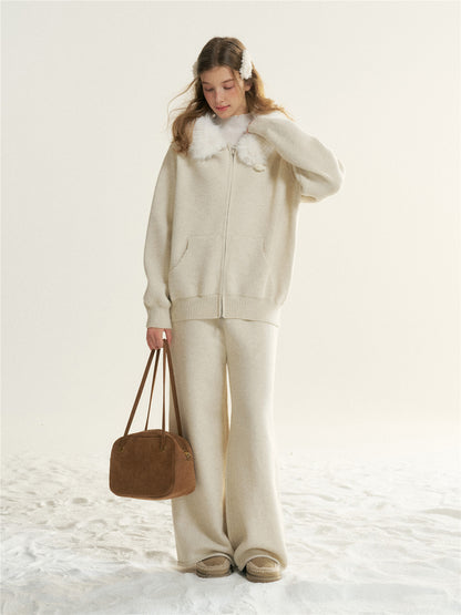 16DEWS 16D25555&amp;16D25556 Cleanfit detachable fur collar hooded knitted cardigan + pants set
