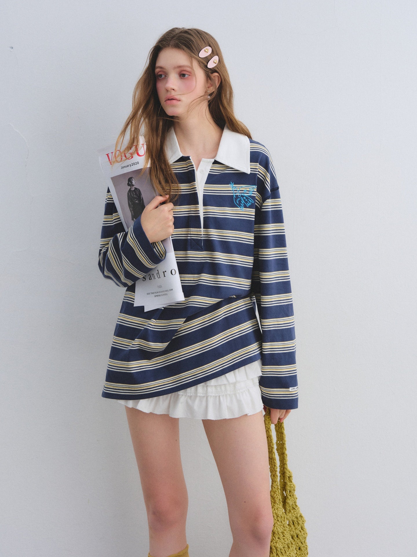 AsGony ASG25646 Collar patchwork striped embroidered long sleeved polo shirt