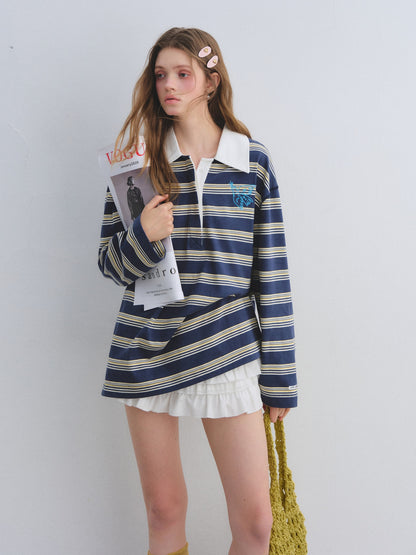 AsGony ASG25646 Collar patchwork striped embroidered long sleeved polo shirt