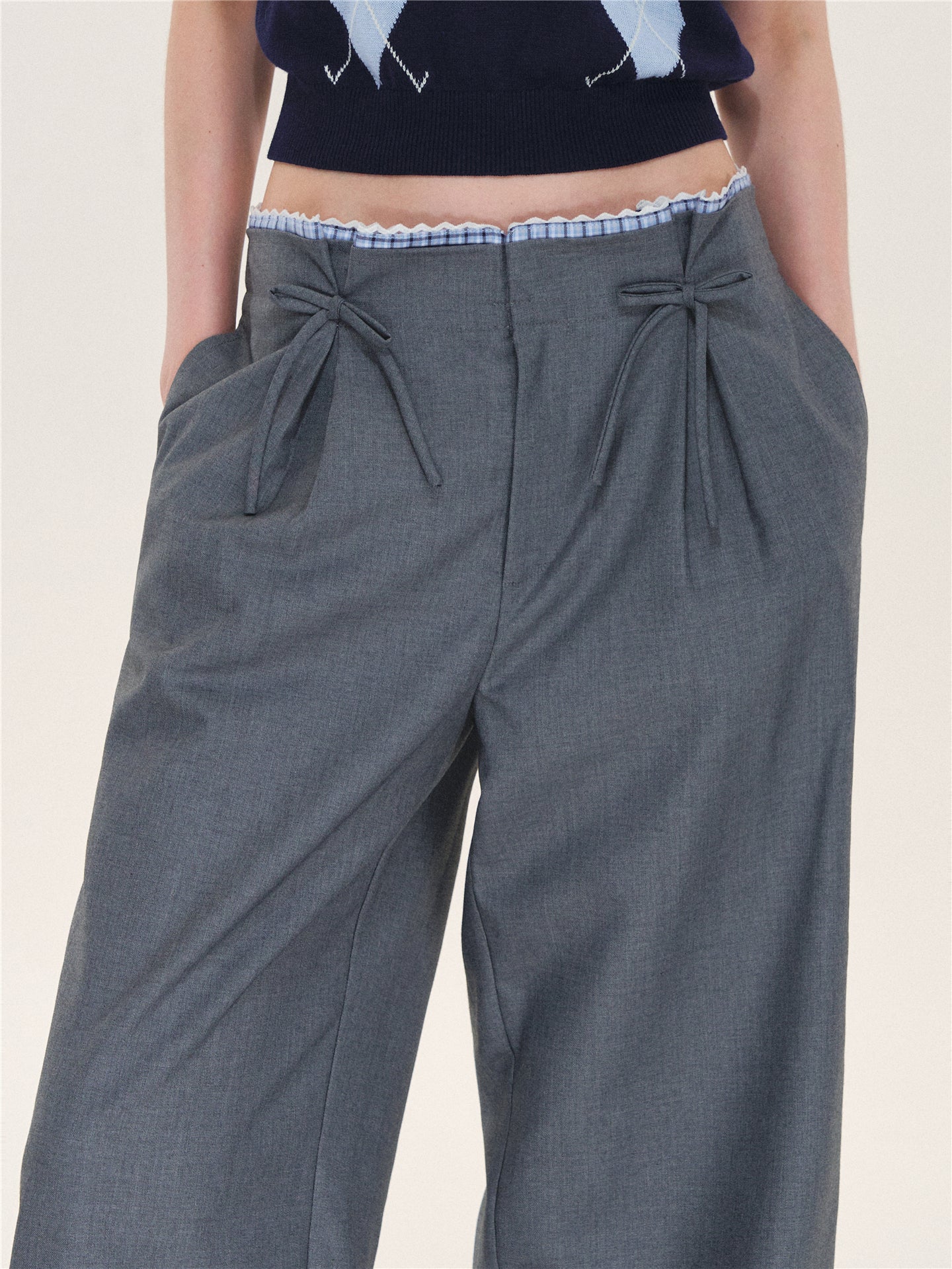 Asgony ASG26627 Plaid Lace-Trim Pleated-Waist Trousers