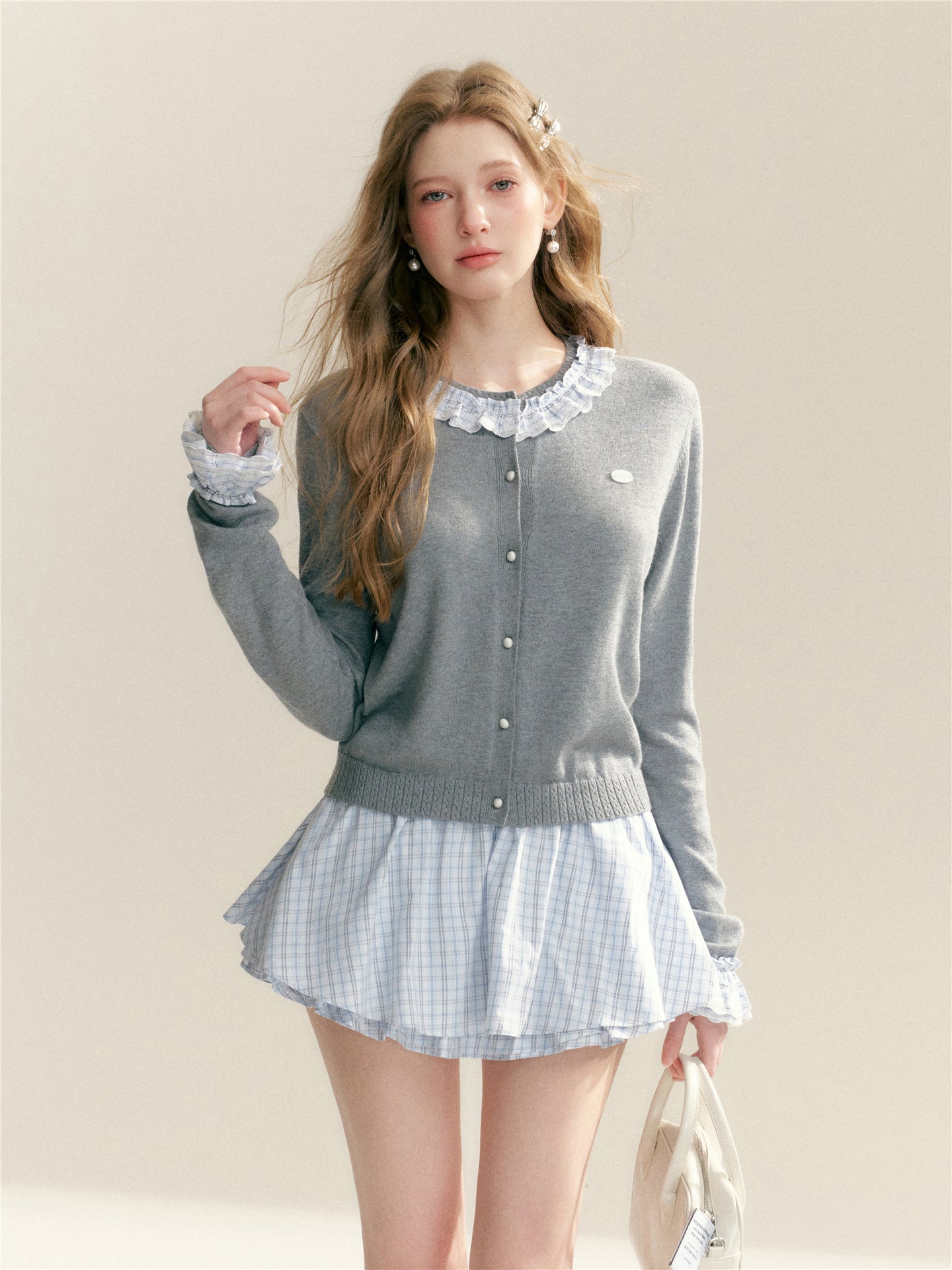 16DEWS 16D26051 Color blocking plaid round neck knitted cardigan