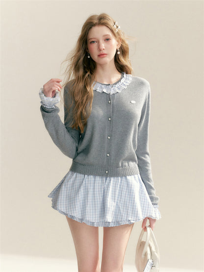 16DEWS 16D26051 Color blocking plaid round neck knitted cardigan