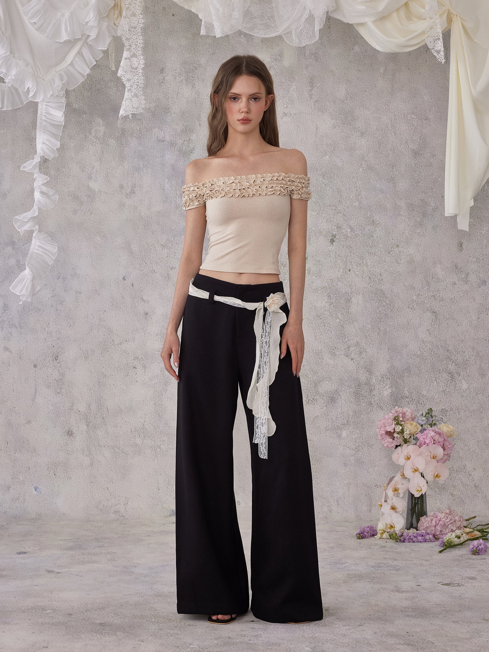 NOMEANSNO N172&amp;N185 Lace up pants +Lace flower belt set (2color)