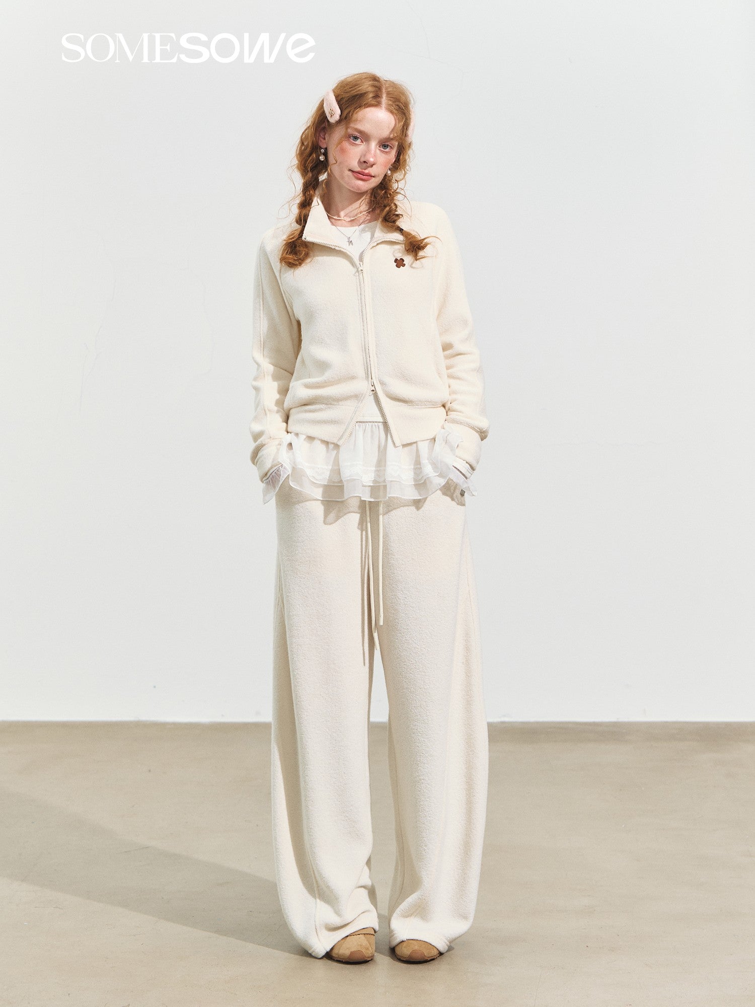 SOMESOWE S2508237&amp;S2508238 Velvet stand collar hoodie + pants set