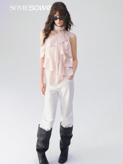 SOMESOWE S2609109 Multi layered ruffle edge sloping shoulder top