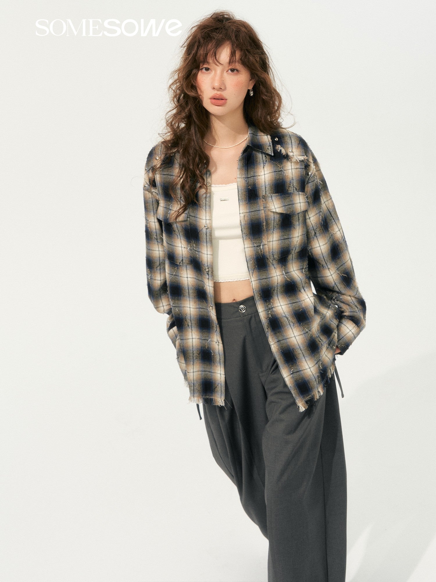 SOMESOWE S2508185 Light punk fringe plaid shirt