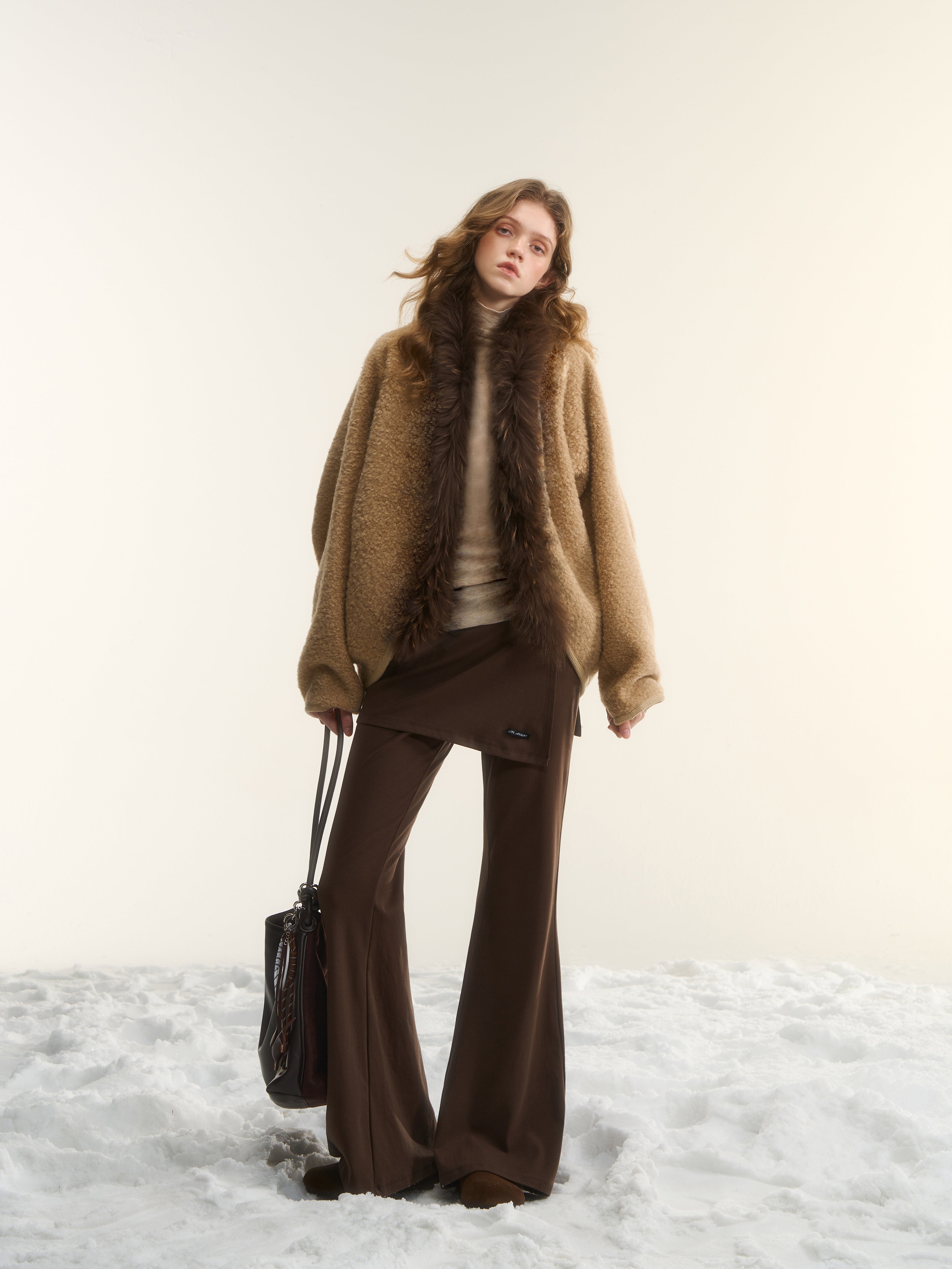 AsGony ASG25562 Irregular fake two pieces of micro flared knitted pants