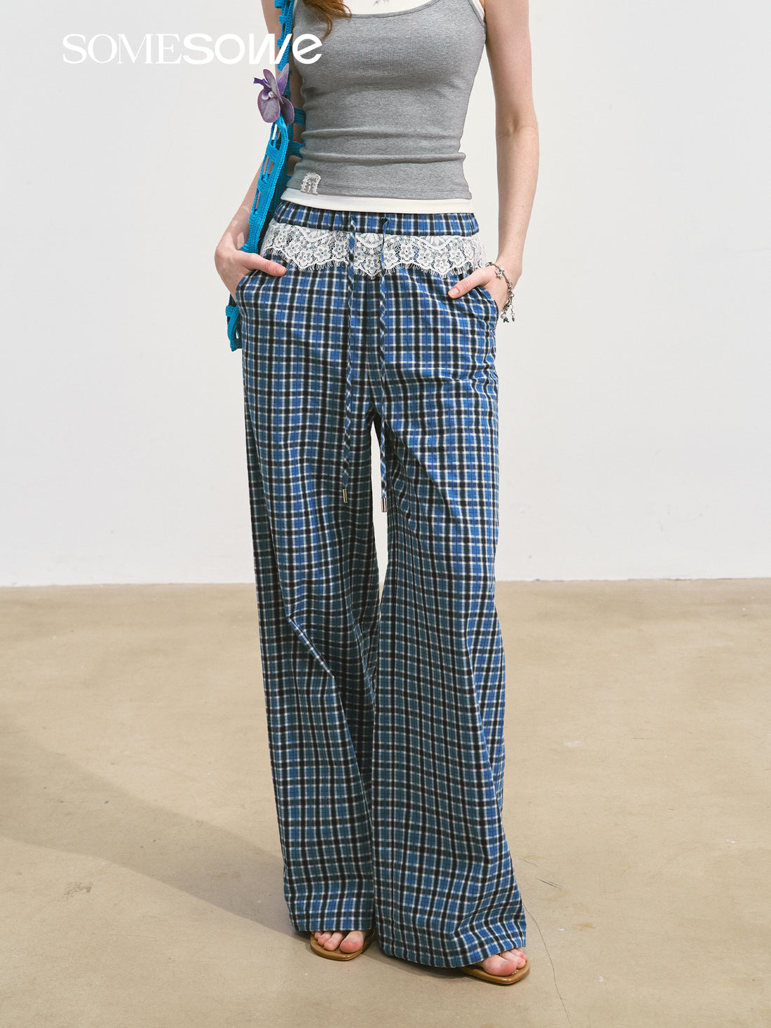 SOMESOWE S2508108 Lace plaid wide leg pants