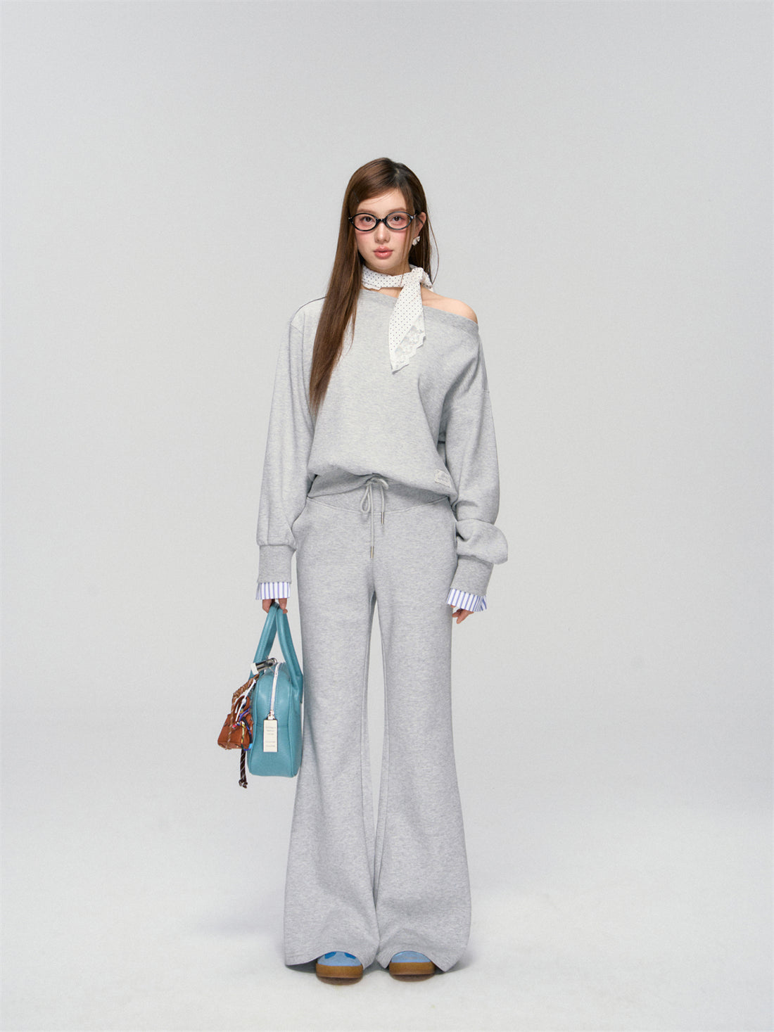 AsGony ASG25006&ASG25007 Splicing striped lace hoodie + pants set