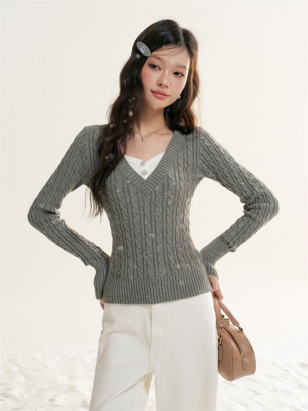 16DEWS 16D25514 Contrast V-neck fake two pieces knitting knitwear