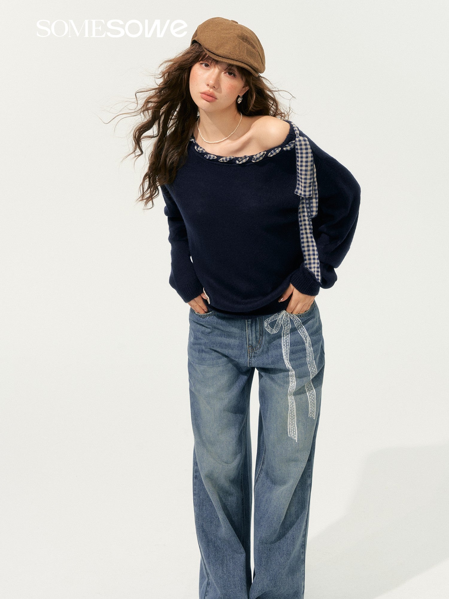 SOMESOWE in stock S2508181 Lace printed wide leg denim pants