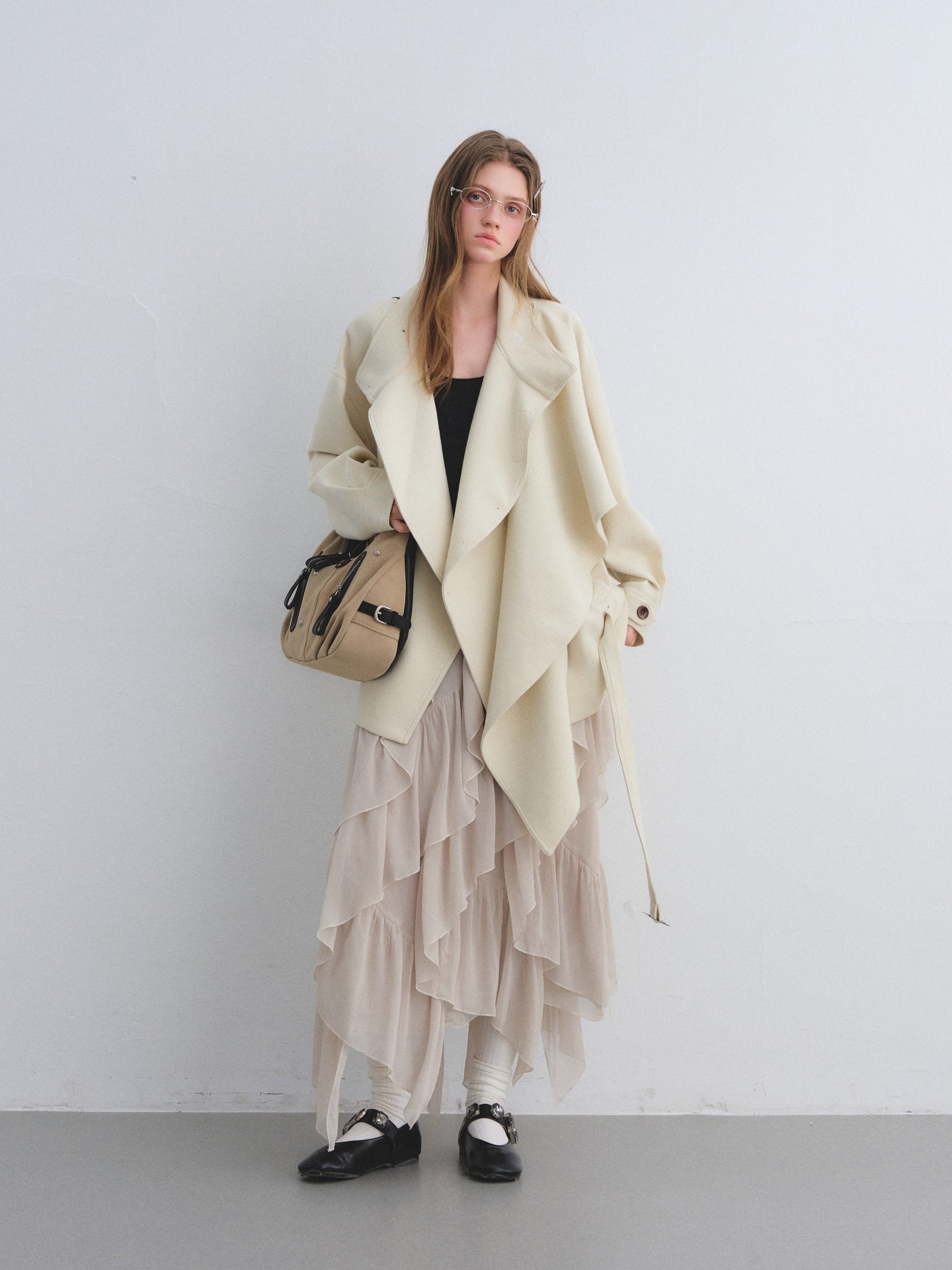 AsGony ASG25647 Woolen patchwork collar shawl woolen windbreaker