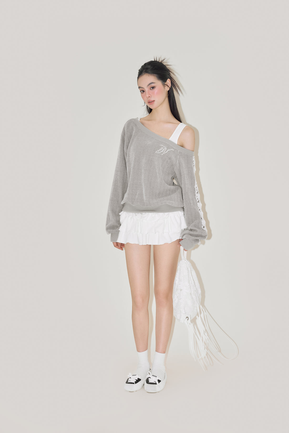 NOMEANSNO Lace Grey One-shoulder Hoodie