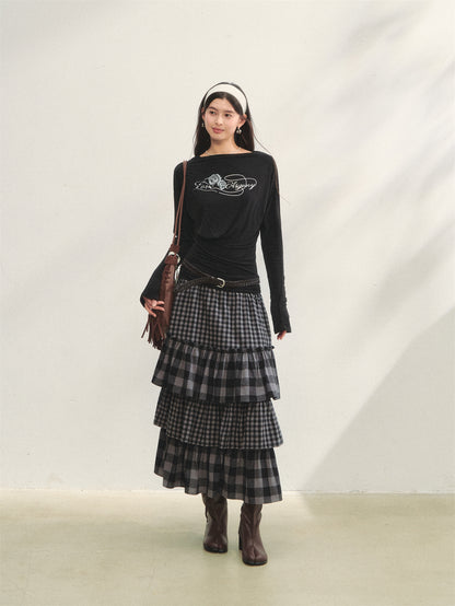 AsGony ASG25288 Plaid patchwork lace waist multi-layer long skirt