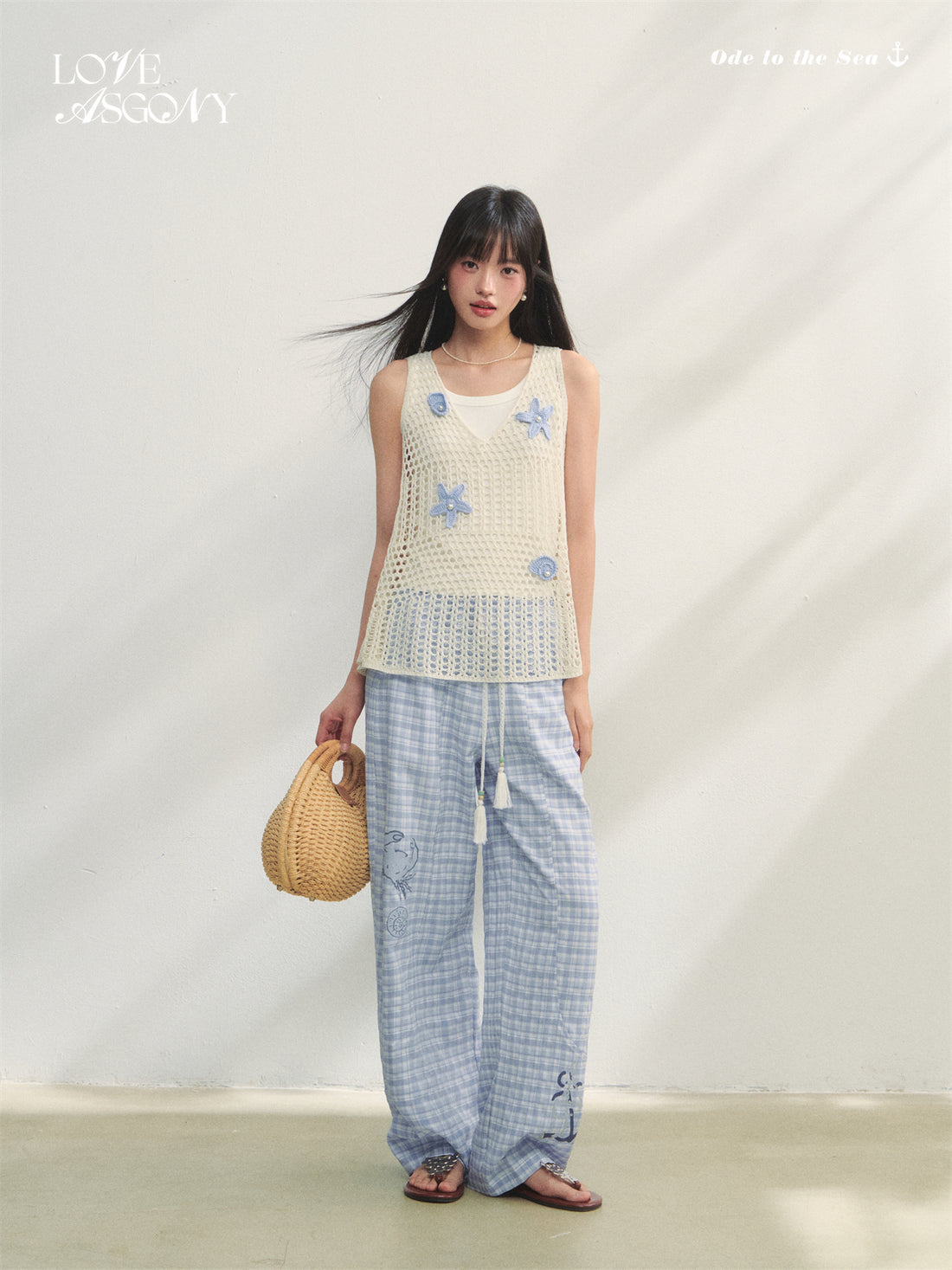 AsGony ASG25231 Ocean style pearl flower vest (2color)