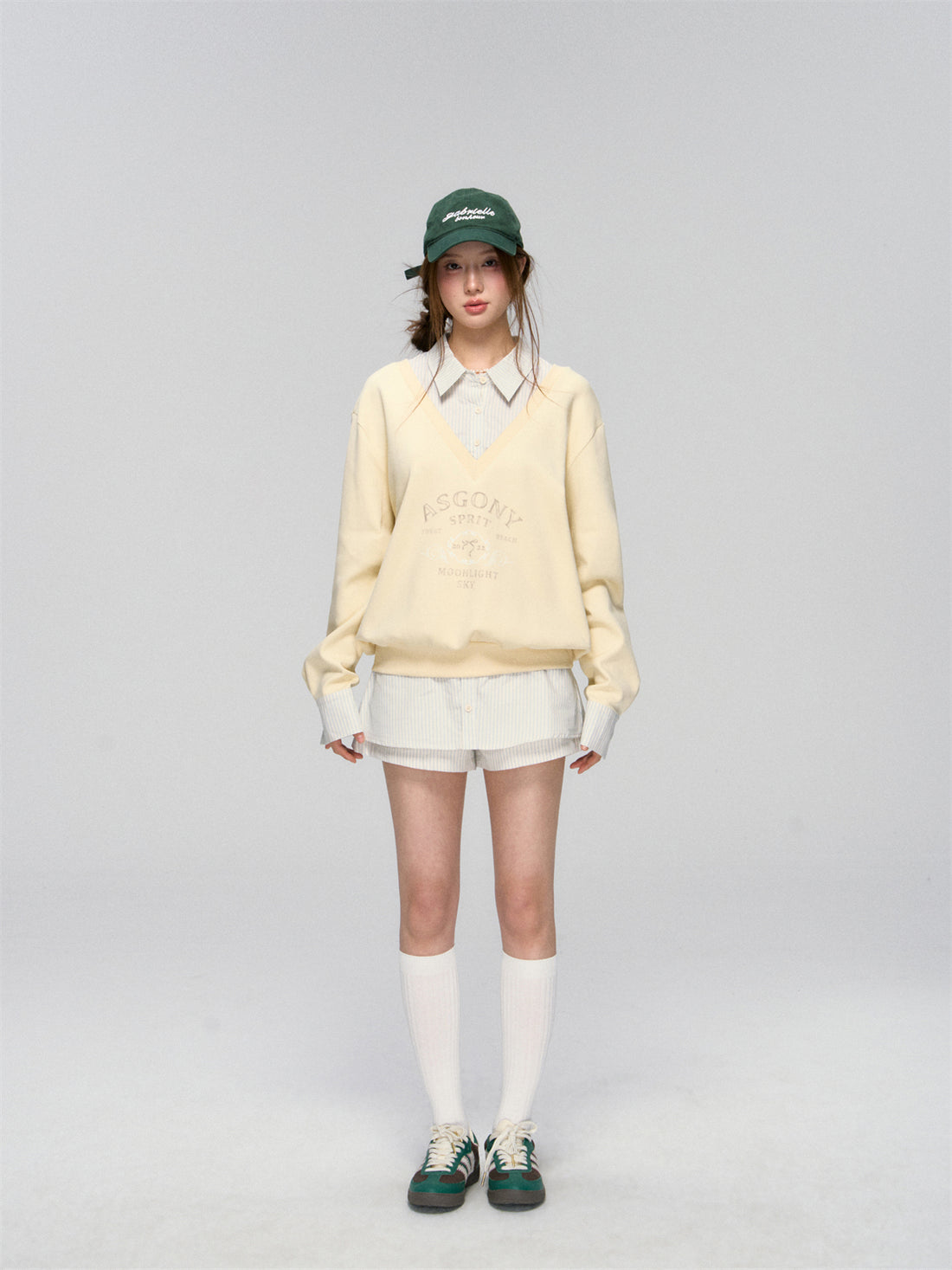 AsGony ASG25020&ASG25021 V-neck patchwork shirt sweatshirt + pants skirt set