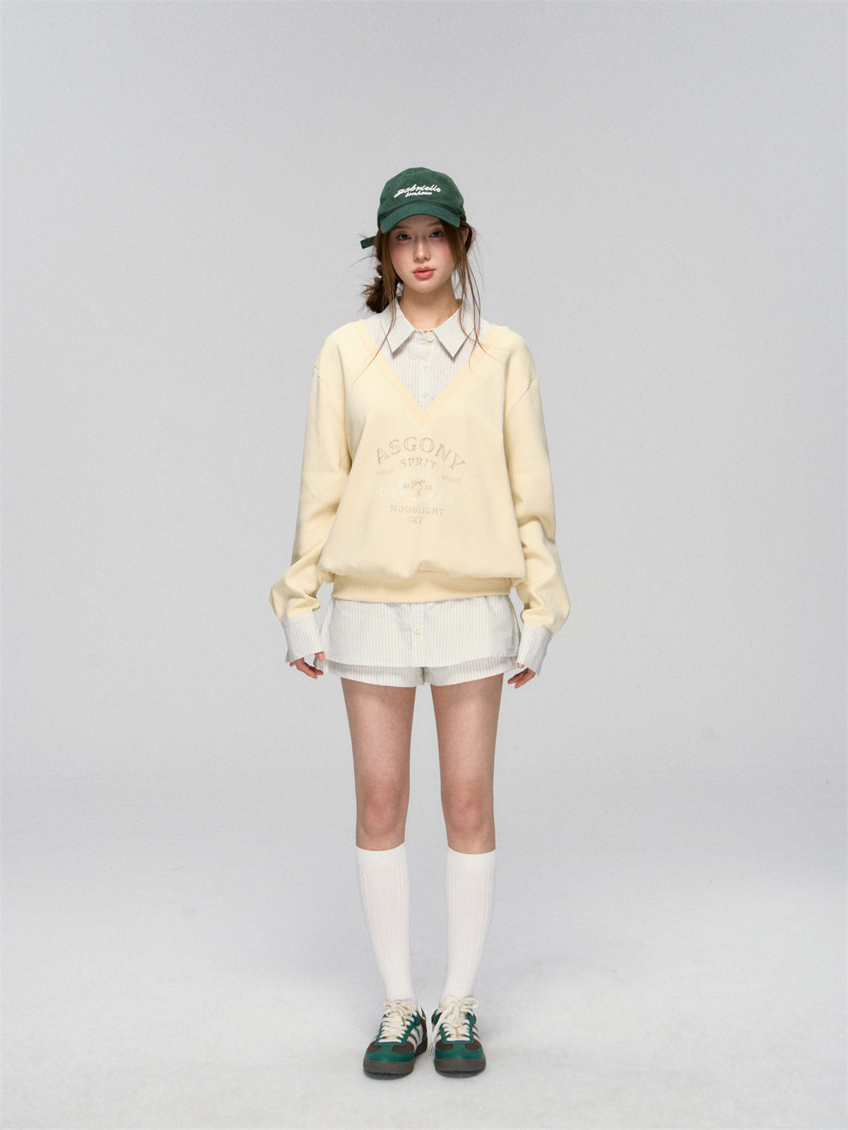 AsGony ASG25020&amp;ASG25021 V-neck patchwork shirt sweatshirt + pants skirt set