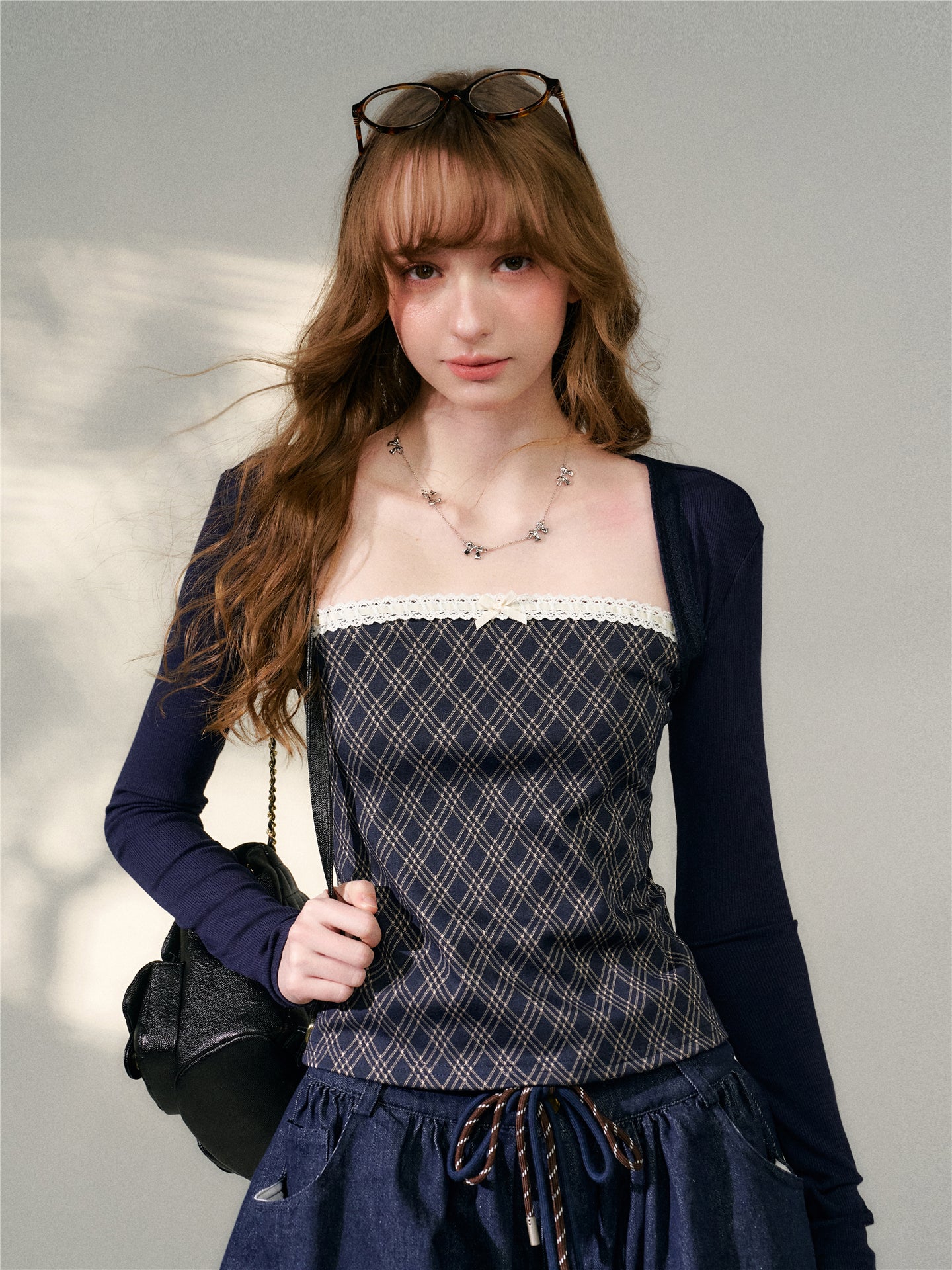 16DEWS in stock 16D26133 Lace plaid patchwork camisole top