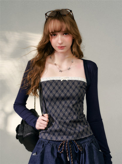 16DEWS 16D26133&amp;16D26134 Lace plaid patchwork camisole top + pants
