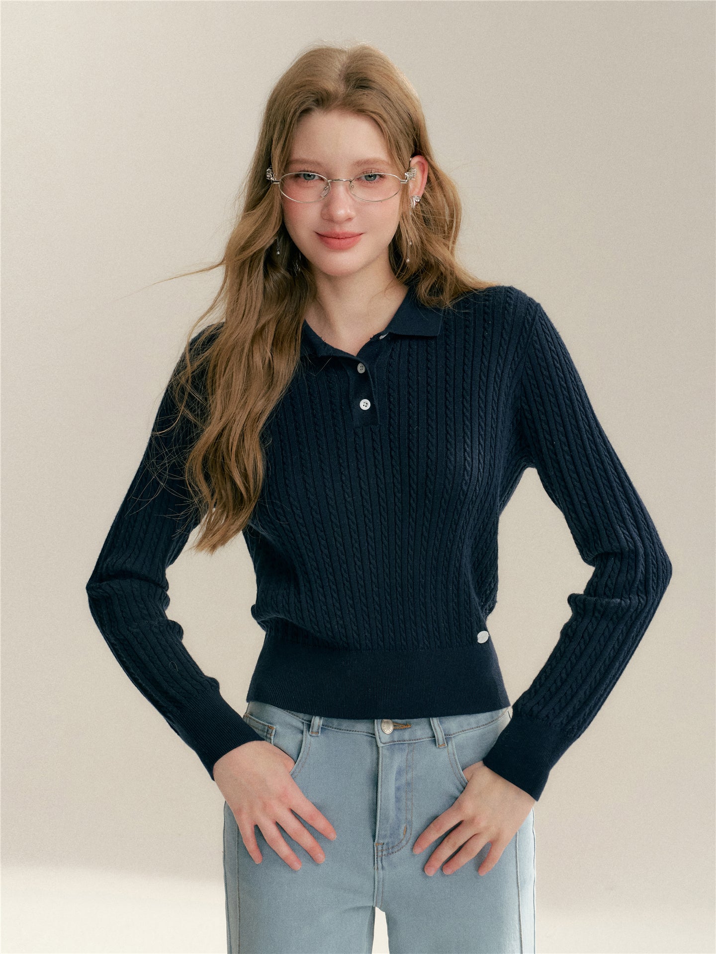 16DEWS 16D26009 Fake two-piece checkered spliced knitted sweater