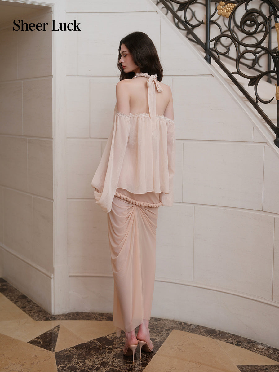 SHEERLUCK SLCS26732 Poesia Off-Shoulder Puff Chiffon Blouse-Creamy Apricot