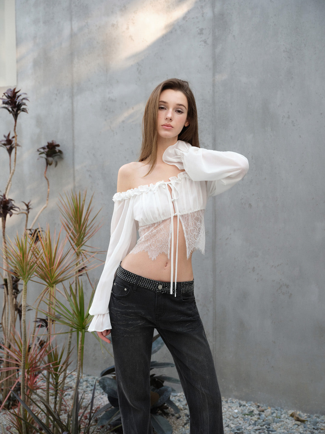 NONCESTNON N318 White chiffon lace long shirt