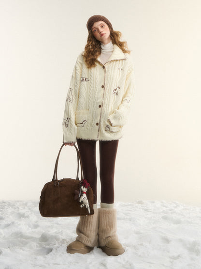 AsGony ASG25557 Wool Embroidered Stand up Collar Twisted Knitted Coat